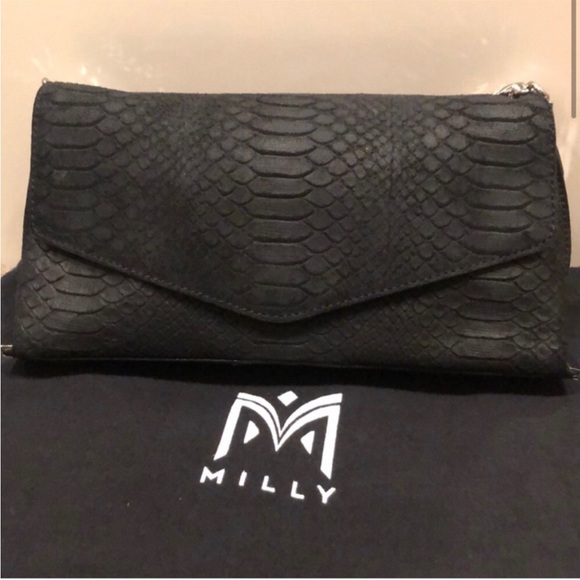NWT Milly Collins Python-Embossed Suede Clutch Black Bag - Picture 2 of 5